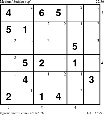 The grouppuzzles.com Medium Sudoku-6up puzzle for Tuesday April 21, 2026 with all 3 steps marked