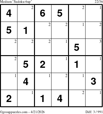 The grouppuzzles.com Medium Sudoku-6up puzzle for Tuesday April 21, 2026 with the first 3 steps marked