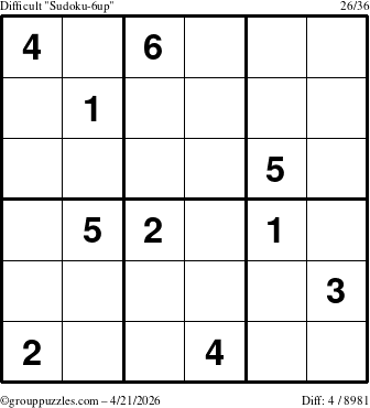 The grouppuzzles.com Difficult Sudoku-6up puzzle for Tuesday April 21, 2026