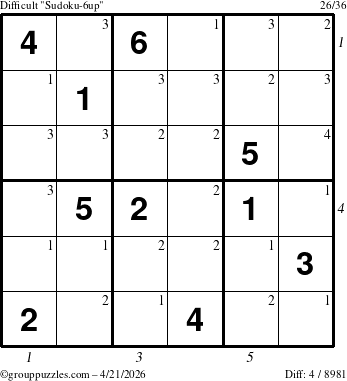 The grouppuzzles.com Difficult Sudoku-6up puzzle for Tuesday April 21, 2026, suitable for printing, with all 4 steps marked