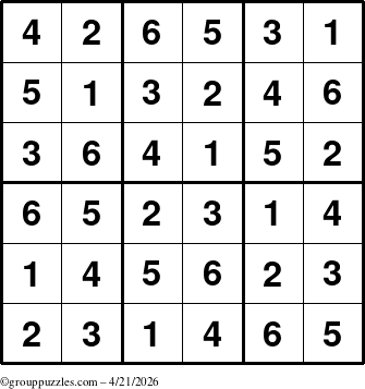 The grouppuzzles.com Answer grid for the Sudoku-6up puzzle for Tuesday April 21, 2026