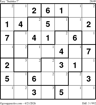 The grouppuzzles.com Easy Sudoku-7 puzzle for Tuesday April 21, 2026 with the first 3 steps marked