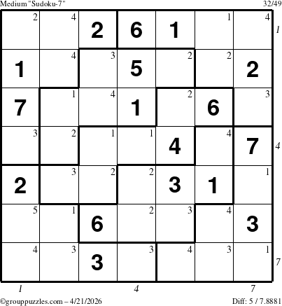 The grouppuzzles.com Medium Sudoku-7 puzzle for Tuesday April 21, 2026, suitable for printing, with all 5 steps marked