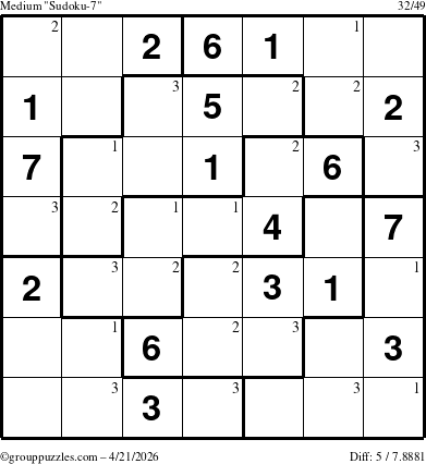 The grouppuzzles.com Medium Sudoku-7 puzzle for Tuesday April 21, 2026 with the first 3 steps marked