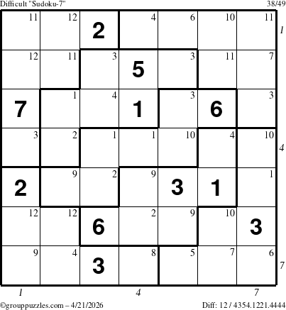 The grouppuzzles.com Difficult Sudoku-7 puzzle for Tuesday April 21, 2026, suitable for printing, with all 12 steps marked