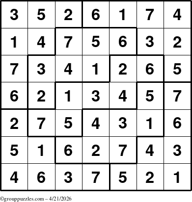 The grouppuzzles.com Answer grid for the Sudoku-7 puzzle for Tuesday April 21, 2026