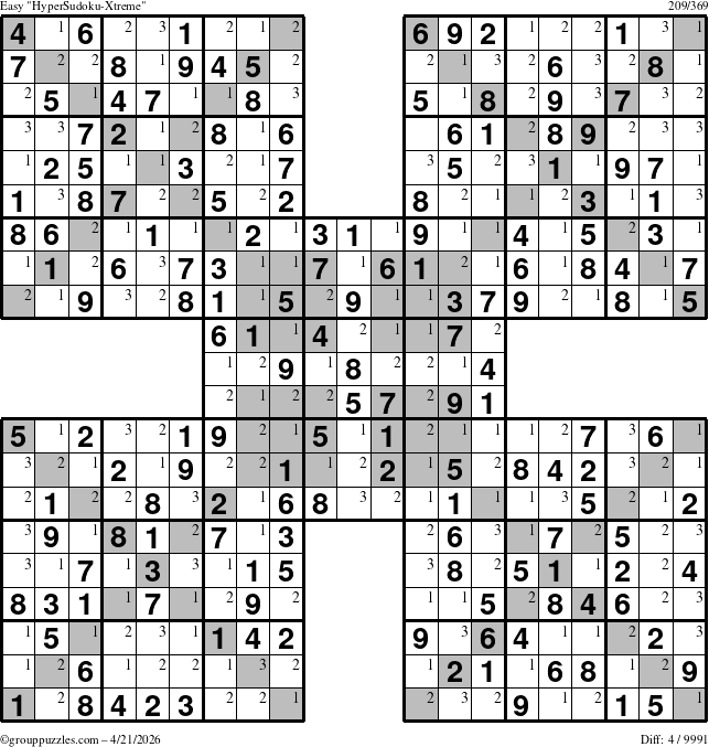 The grouppuzzles.com Easy HyperSudoku-Xtreme puzzle for Tuesday April 21, 2026 with the first 3 steps marked