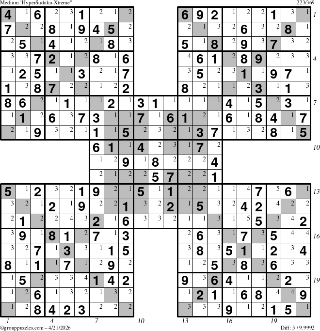 The grouppuzzles.com Medium HyperSudoku-Xtreme puzzle for Tuesday April 21, 2026 with all 5 steps marked
