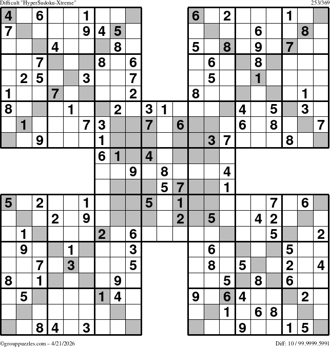 The grouppuzzles.com Difficult HyperSudoku-Xtreme puzzle for Tuesday April 21, 2026