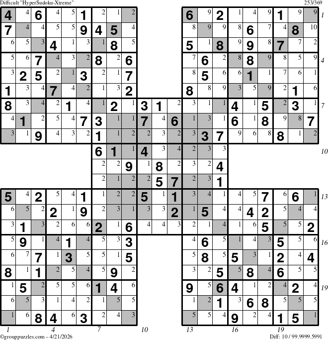 The grouppuzzles.com Difficult HyperSudoku-Xtreme puzzle for Tuesday April 21, 2026, suitable for printing, with all 10 steps marked