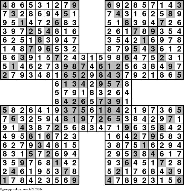 The grouppuzzles.com Answer grid for the HyperSudoku-Xtreme puzzle for Tuesday April 21, 2026