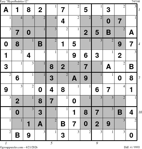 The grouppuzzles.com Easy HyperSudoku-12 puzzle for Tuesday April 21, 2026 with all 4 steps marked