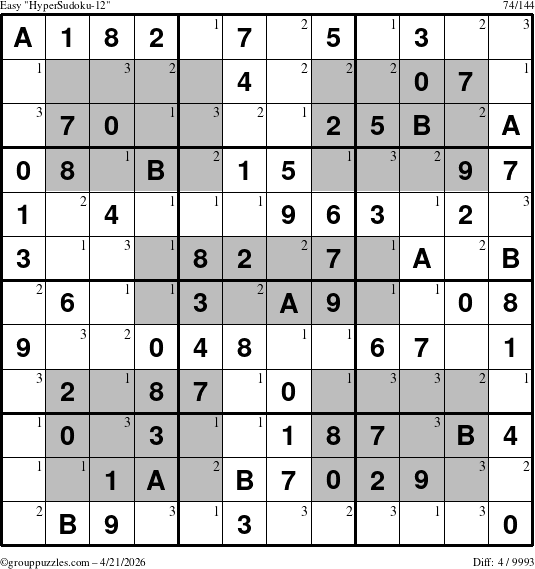 The grouppuzzles.com Easy HyperSudoku-12 puzzle for Tuesday April 21, 2026 with the first 3 steps marked