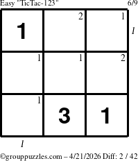 The grouppuzzles.com Easy TicTac-123 puzzle for Tuesday April 21, 2026, suitable for printing, with all 2 steps marked