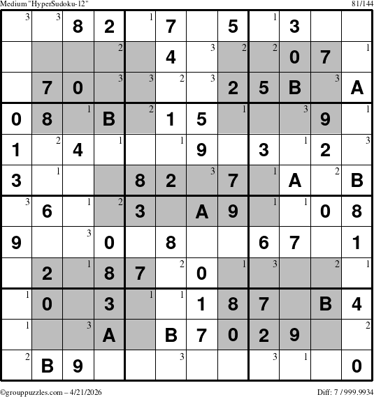 The grouppuzzles.com Medium HyperSudoku-12 puzzle for Tuesday April 21, 2026 with the first 3 steps marked