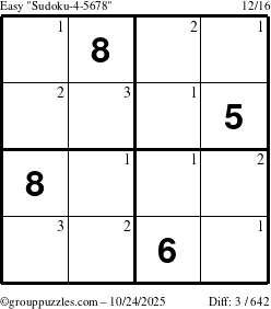 The grouppuzzles.com Easy Sudoku-4-5678 puzzle for Friday October 24, 2025 with the first 3 steps marked