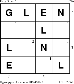 The grouppuzzles.com Easy Glen puzzle for Friday October 24, 2025 with all 2 steps marked