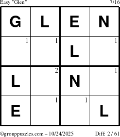 The grouppuzzles.com Easy Glen puzzle for Friday October 24, 2025 with the first 2 steps marked