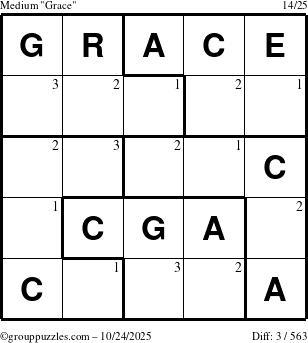 The grouppuzzles.com Medium Grace puzzle for Friday October 24, 2025 with the first 3 steps marked