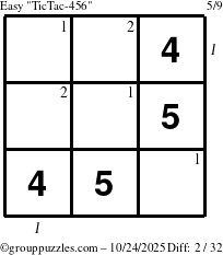 The grouppuzzles.com Easy TicTac-456 puzzle for Friday October 24, 2025, suitable for printing, with all 2 steps marked