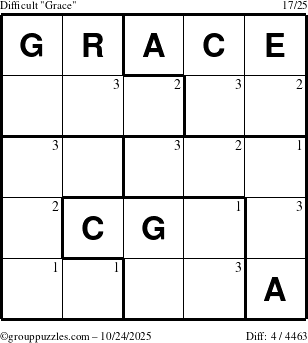 The grouppuzzles.com Difficult Grace puzzle for Friday October 24, 2025 with the first 3 steps marked