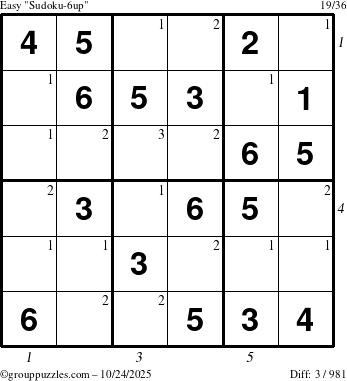 The grouppuzzles.com Easy Sudoku-6up puzzle for Friday October 24, 2025, suitable for printing, with all 3 steps marked