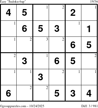 The grouppuzzles.com Easy Sudoku-6up puzzle for Friday October 24, 2025 with the first 3 steps marked