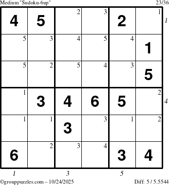 The grouppuzzles.com Medium Sudoku-6up puzzle for Friday October 24, 2025 with all 5 steps marked