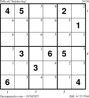 The grouppuzzles.com Difficult Sudoku-6up puzzle for Friday October 24, 2025 with all 6 steps marked