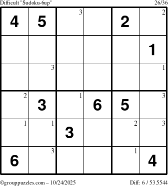 The grouppuzzles.com Difficult Sudoku-6up puzzle for Friday October 24, 2025 with the first 3 steps marked