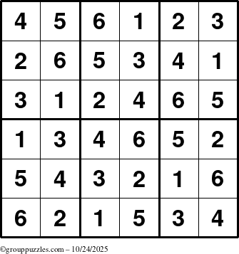 The grouppuzzles.com Answer grid for the Sudoku-6up puzzle for Friday October 24, 2025
