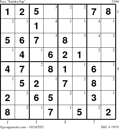 The grouppuzzles.com Easy Sudoku-8up puzzle for Friday October 24, 2025, suitable for printing, with all 4 steps marked