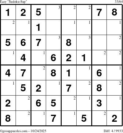 The grouppuzzles.com Easy Sudoku-8up puzzle for Friday October 24, 2025 with the first 3 steps marked