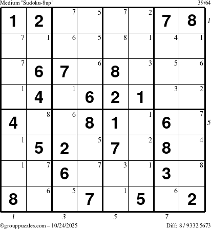 The grouppuzzles.com Medium Sudoku-8up puzzle for Friday October 24, 2025, suitable for printing, with all 8 steps marked