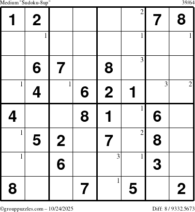The grouppuzzles.com Medium Sudoku-8up puzzle for Friday October 24, 2025 with the first 3 steps marked