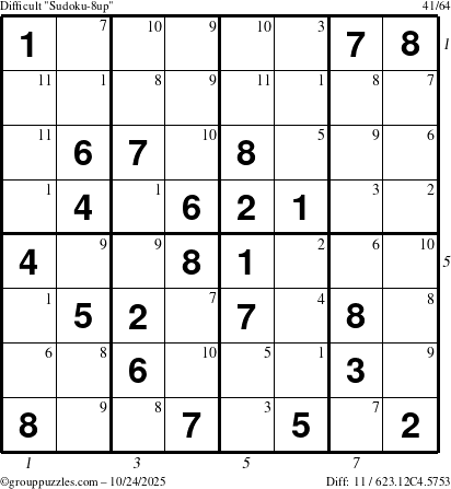 The grouppuzzles.com Difficult Sudoku-8up puzzle for Friday October 24, 2025 with all 11 steps marked