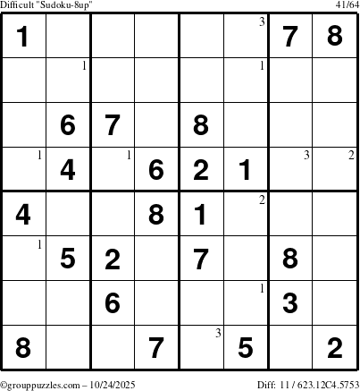 The grouppuzzles.com Difficult Sudoku-8up puzzle for Friday October 24, 2025 with the first 3 steps marked