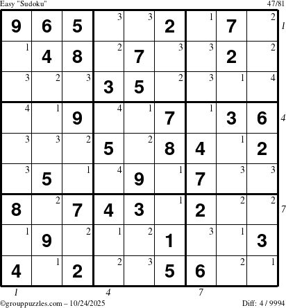 The grouppuzzles.com Easy Sudoku puzzle for Friday October 24, 2025, suitable for printing, with all 4 steps marked