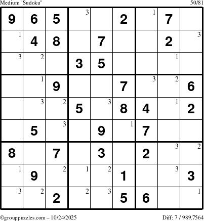 The grouppuzzles.com Medium Sudoku puzzle for Friday October 24, 2025 with the first 3 steps marked