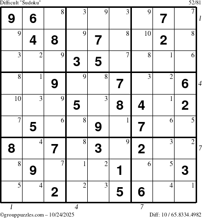 The grouppuzzles.com Difficult Sudoku puzzle for Friday October 24, 2025 with all 10 steps marked