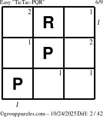 The grouppuzzles.com Easy TicTac-PQR puzzle for Friday October 24, 2025 with all 2 steps marked