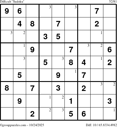 The grouppuzzles.com Difficult Sudoku puzzle for Friday October 24, 2025 with the first 3 steps marked