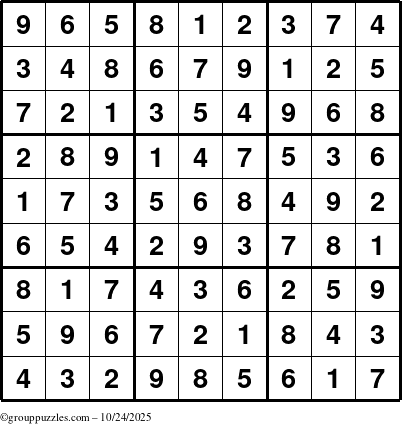 The grouppuzzles.com Answer grid for the Sudoku puzzle for Friday October 24, 2025