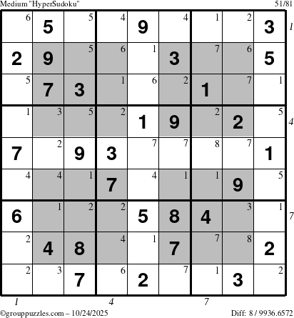 The grouppuzzles.com Medium HyperSudoku puzzle for Friday October 24, 2025, suitable for printing, with all 8 steps marked