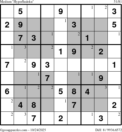The grouppuzzles.com Medium HyperSudoku puzzle for Friday October 24, 2025 with the first 3 steps marked