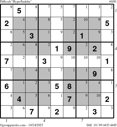 The grouppuzzles.com Difficult HyperSudoku puzzle for Friday October 24, 2025 with all 10 steps marked