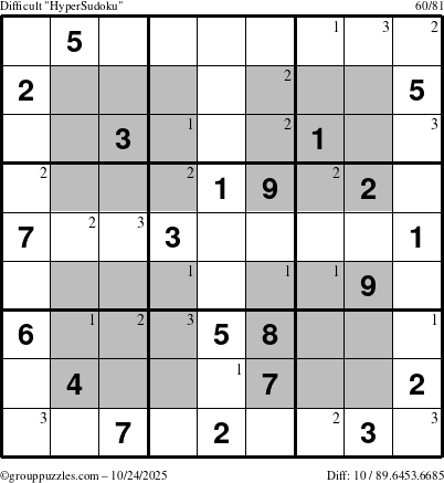 The grouppuzzles.com Difficult HyperSudoku puzzle for Friday October 24, 2025 with the first 3 steps marked
