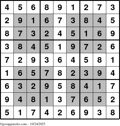 The grouppuzzles.com Answer grid for the HyperSudoku puzzle for Friday October 24, 2025
