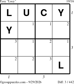 The grouppuzzles.com Easy Lucy puzzle for Tuesday September 29, 2026 with all 3 steps marked