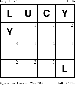 The grouppuzzles.com Easy Lucy puzzle for Tuesday September 29, 2026 with the first 3 steps marked